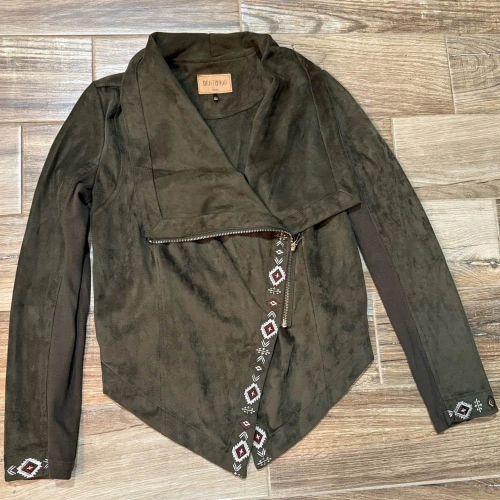 Driftwood Olive Green Faux Suede Moto Asymmetrical Zip Embroidered Jacket - Picture 2 of 5